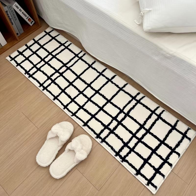 Irregular Plush Grid Runner Rug Non Slip Soft Long Bedside Floor Mat Minimalist Black White Bedroom Home Decor Carpet
