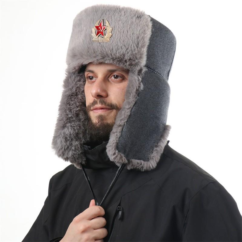Winter Woolen Hat With Soviet Emblem Men Women Warm Ear Protection Cap Outdoor Cold Weather Accessory