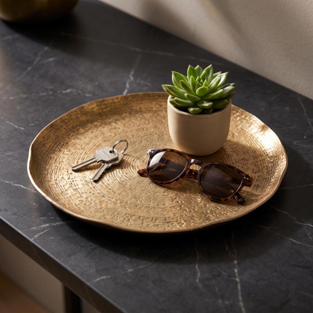 Tray with Hammered Texture Lightweight Platter Raised Edge for Console Table