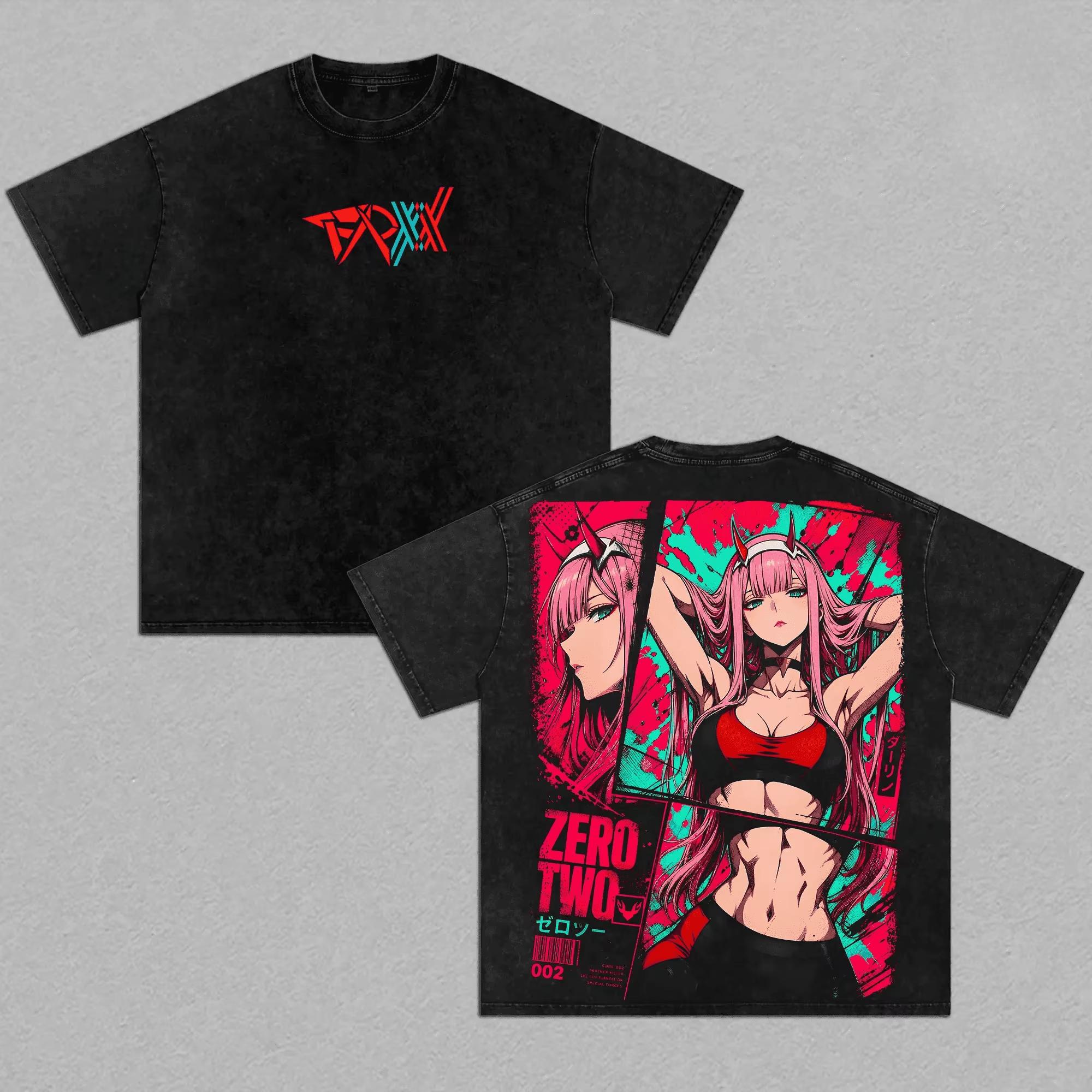 Unisex Summer Short Sleeve Vintage Washed T-Shirt Featuring Zero Two from Anime DARLING in the FRANXX T-shirt L