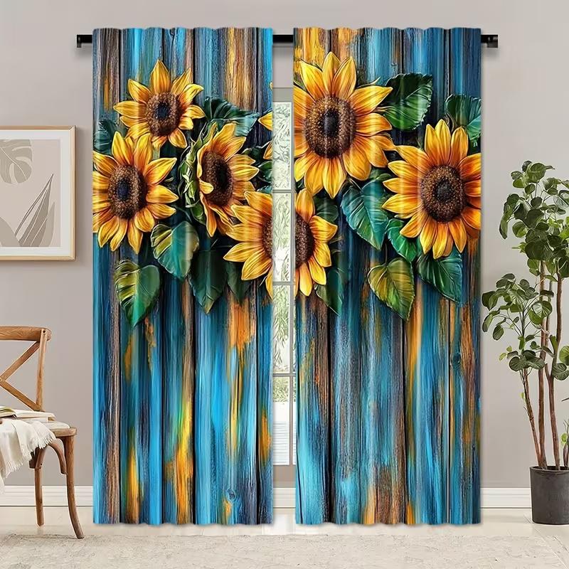 Set Of 2 Wooden Board Sunflower Print Curtains Suitable Bedroom Living Room Kitchen Decoration Home Window Curtain Polyester Perfect For Area