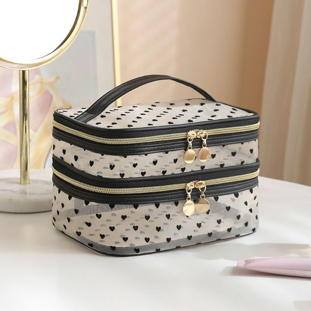 Black Heart Printed Mesh Love Makeup Bag Large Capacity Women Toiletry Bag Women