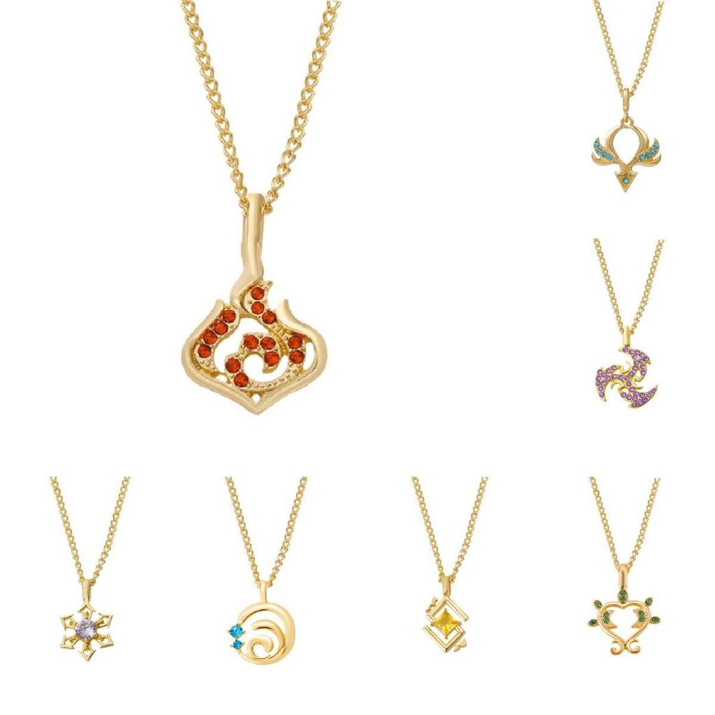 Genshin Impact Vision Element Diamond Pendant Necklace Alloy Chain Zircon Inlaid