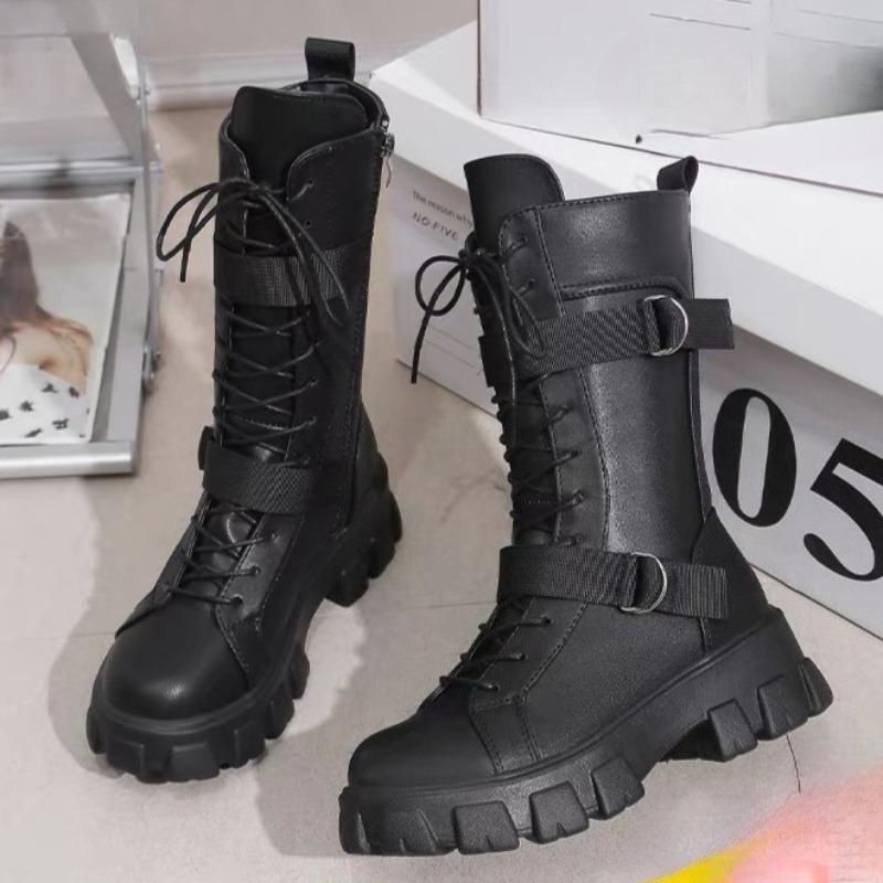 Women's Mid-Calf Boots High Quality Casual Leather Boots Fashion Motorcycle Booties Designer Belt Buckle Knight Boots for Women