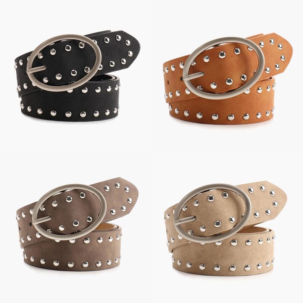 Streetwear Leather Women Rivets Belt With Alloy Metal Buckle For Use Daily