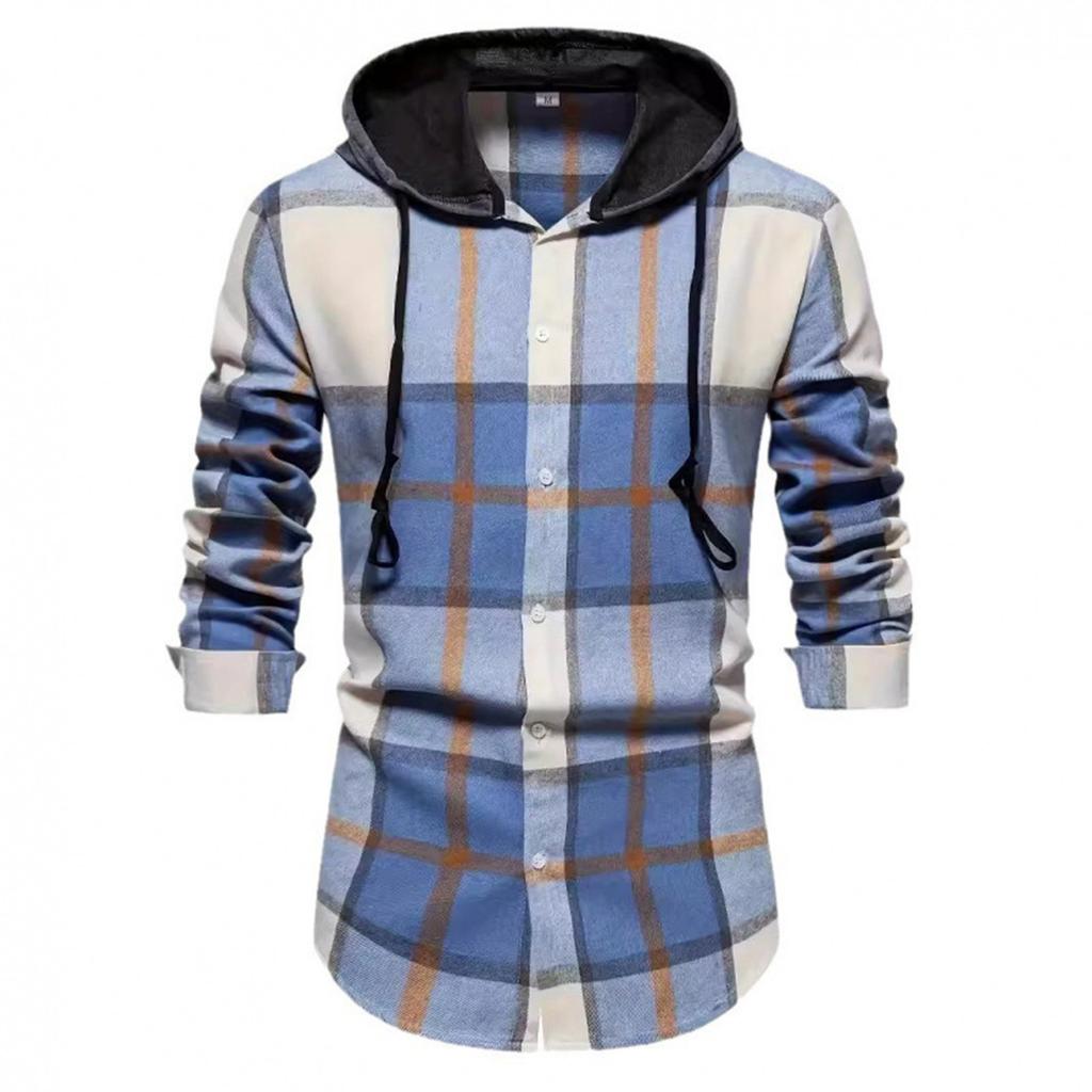 Men's Striped Plaid Casual Loose Button Lapel Long Sleeve Hooded Cardigan Shirt Jacket