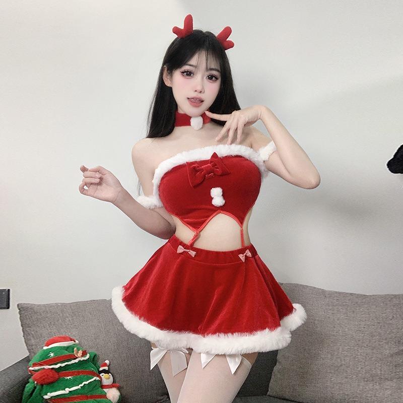 Sexy Lingerie Sexy Christmas Cos Bunny Uniform Robe Set Red Tube Top Pajamas