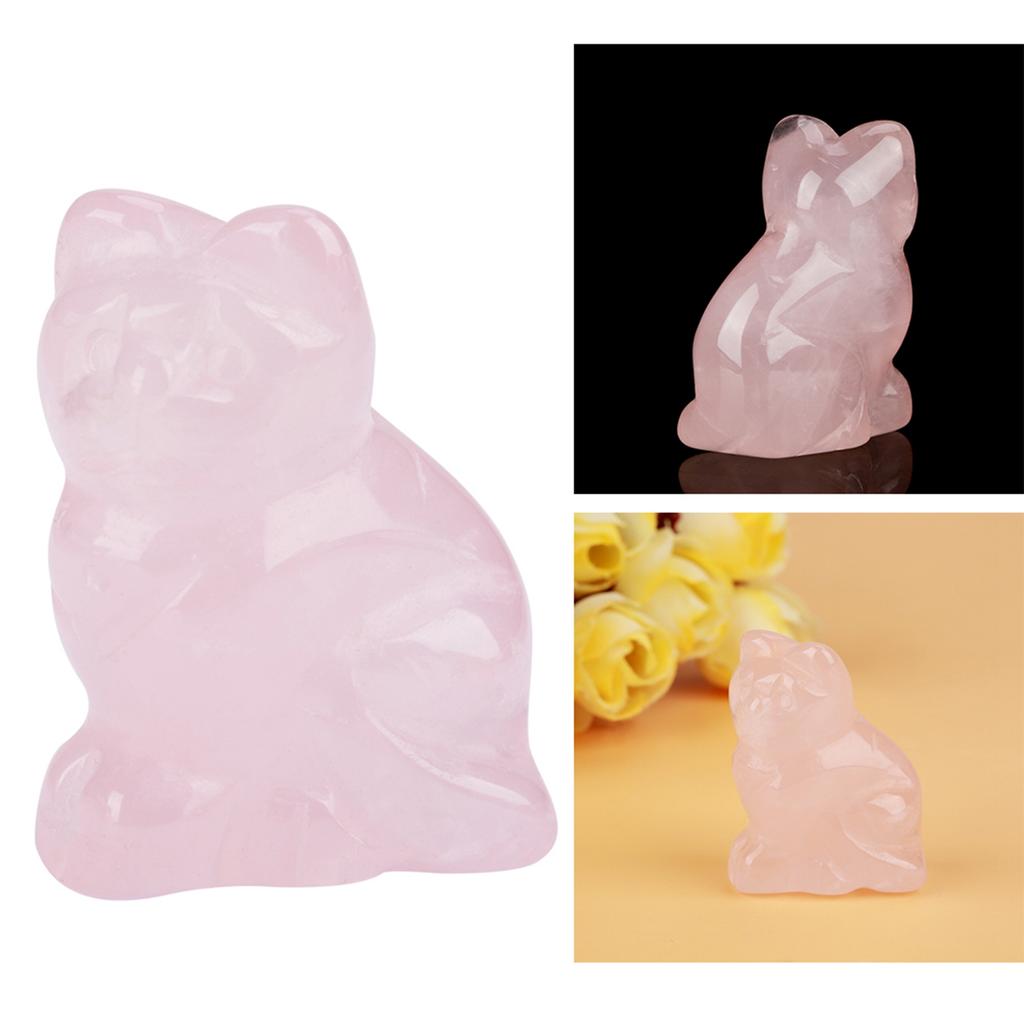 Rose Quartz Carved Kitten Shaped Decor Pink Crystal Healing Stone Gemstone Decoration