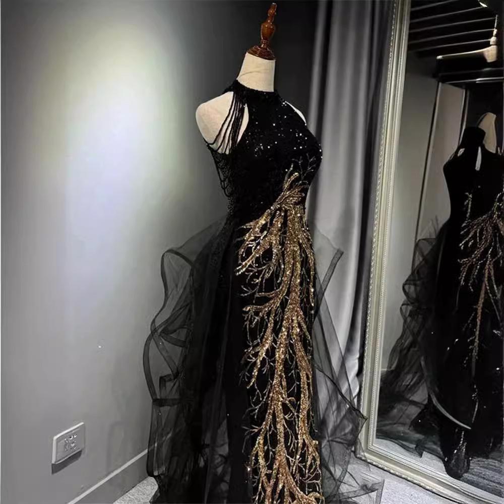 New evening dress black high-end slim temperament celebrity host neck fishtail skirt wedding toast dress summer