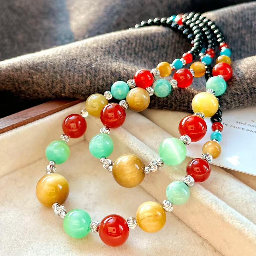 Retro Natürlicher Schwarzer Achat Tigerauge Stein Chalcedon Künstliches Grünes Katzenauge Schlüsselbein Kette Halskette Pullover Kette