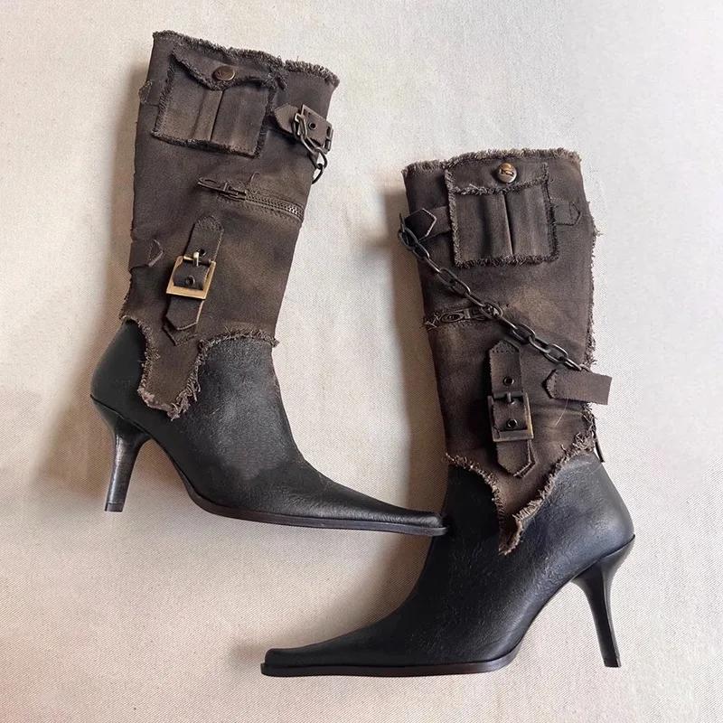 Vintage Pointed Belt Buckle Western Cowboy Boot Women's Fashion Metal Chain Detachable Two Wear Tooling Women's Boots 35-39