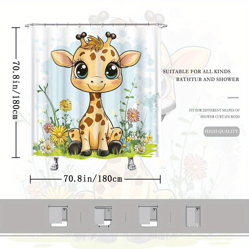 1pc Cartoon Giraffe Shower Curtain Vibrant Digital Illustration with Flowers Light Blue Sky 12 Hooks 70*70 Inchess