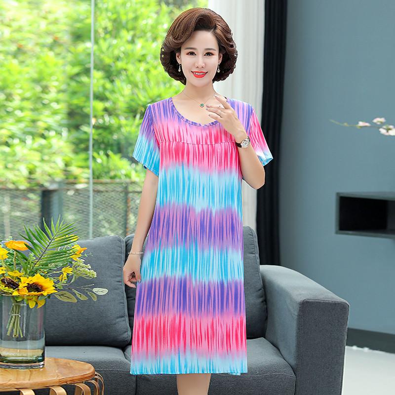 Mom summer dress medium and long pure cotton silk nightdress year-old new Chinese women's knee skirt