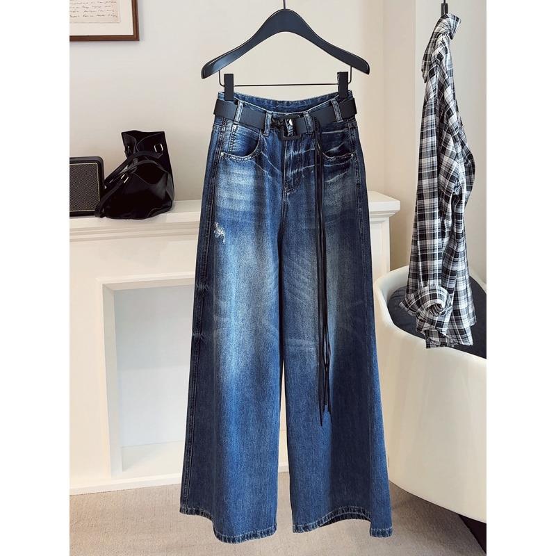 Washed cat whisker straight jeans women's autumn new retro niche wide-leg loose mopping long pants