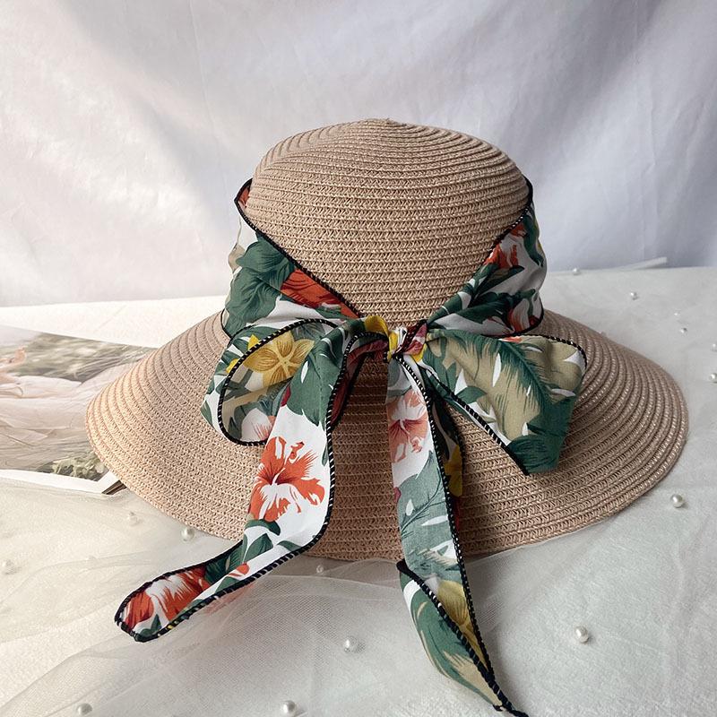 Fashionable Sun Hat for Women, Seaside Travel Vacation Large Brim Bow Decor Beach Folding Hat Straw Hat