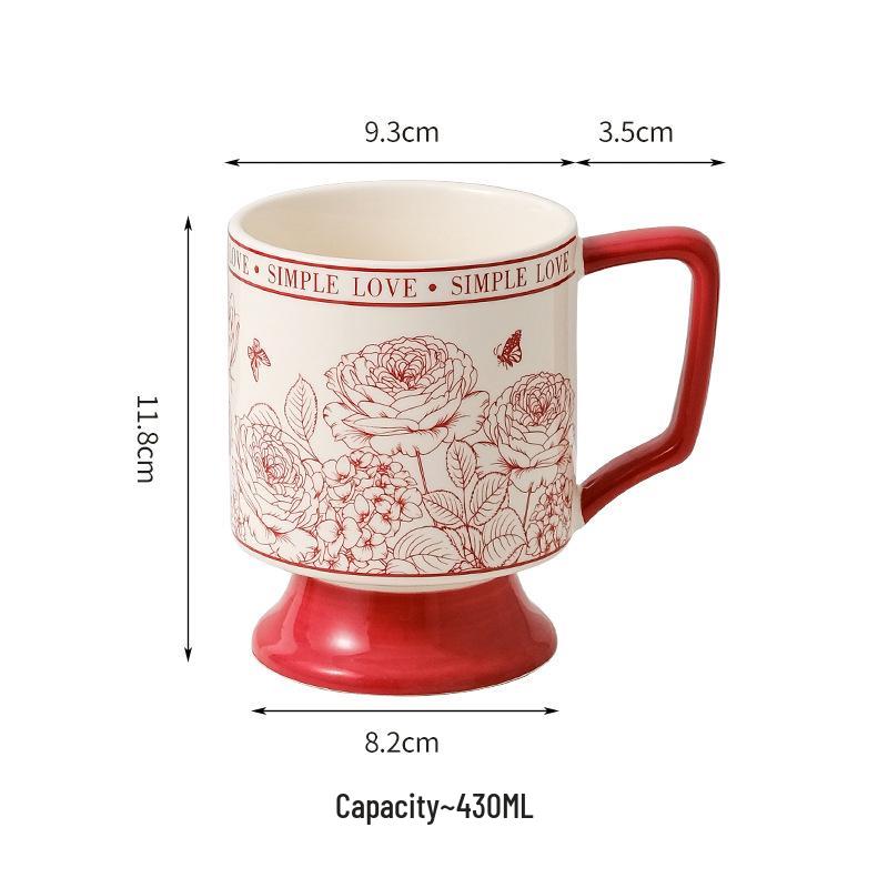 Vintage Rose Garden Ceramic Mug - High-Footed Couple Coffee Cup Souvenir