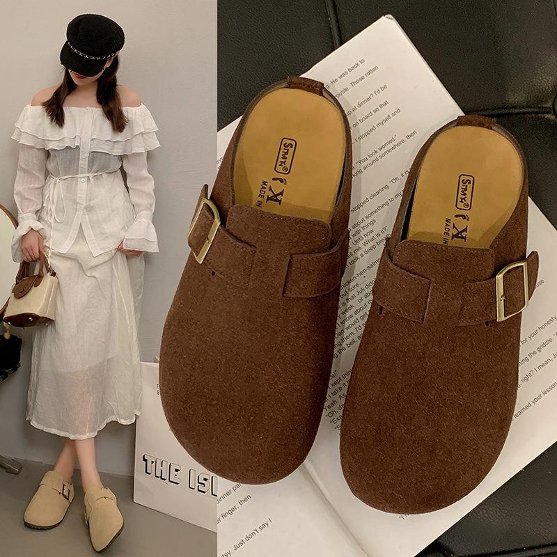 Leather retro bag head half slippers women's autumn new flat-bottomed one-pedal soft-soled Boken shoes