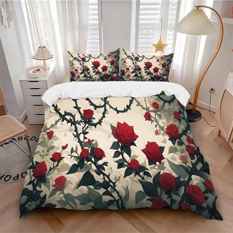 Roses Thorny Vines Printed 3pcs Bedding Set Soft Microfiber 1 Duvet Cover And 2 Pillowcases Home Bedroom Decor Xmas Gift Q1436