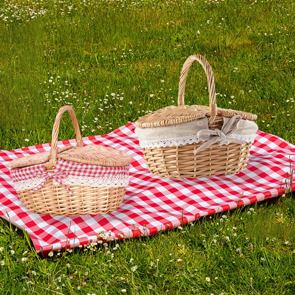 Handmade Wicker Picnic Basket with Lid Handle Picnic Hamper Washable Lining Willow Woven Storage Hamper For Outdoor Camping