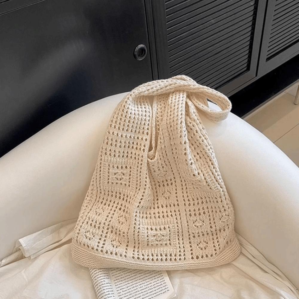 Hollow Crochet Mesh Bag Solid Color Beach Tote Bag Fashion Knitting Shoulder Bag  Ladies