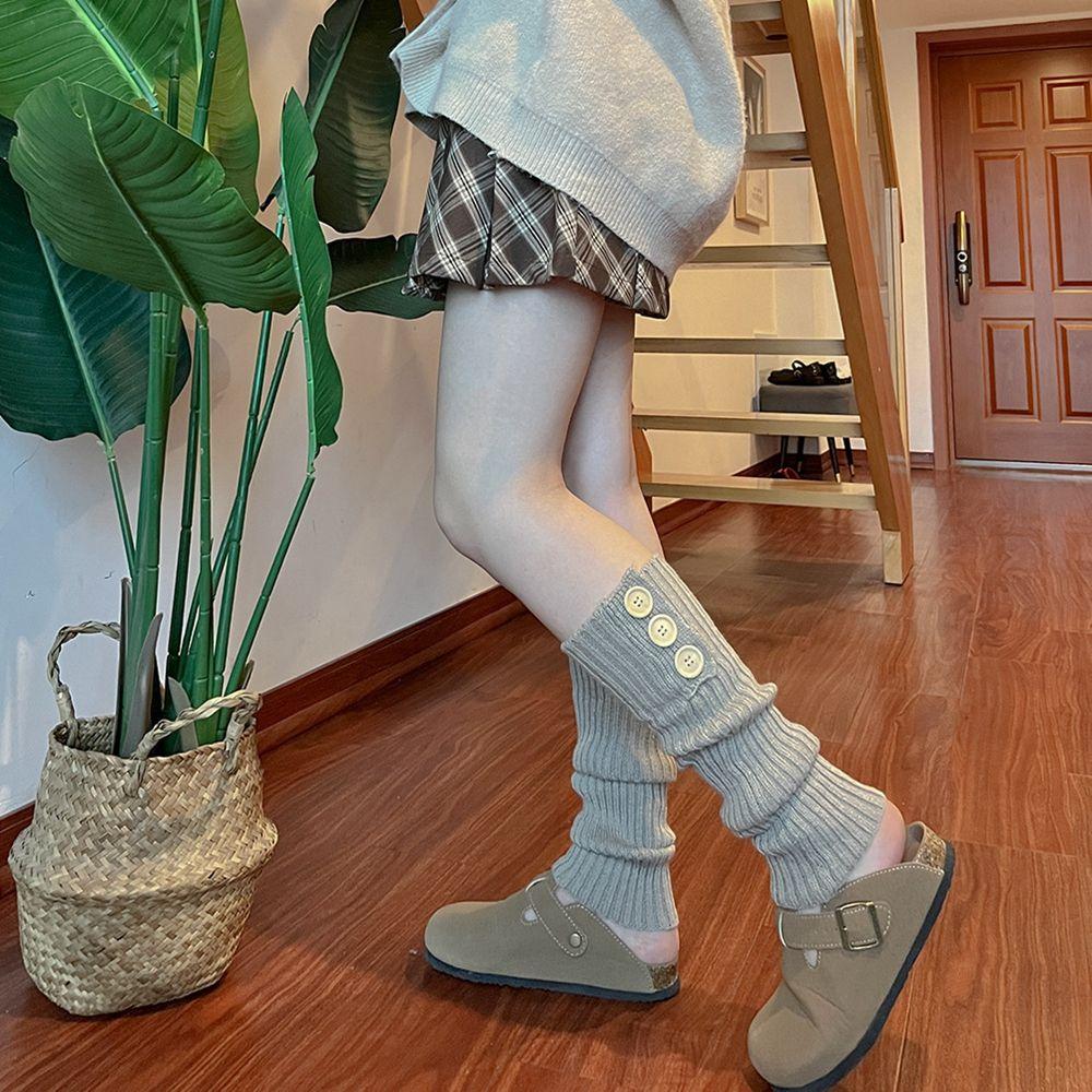 Style Buttons Stripe Lolita Wool Boots Women Leg Warmers Knitted Foot Cover Long Socks Cover