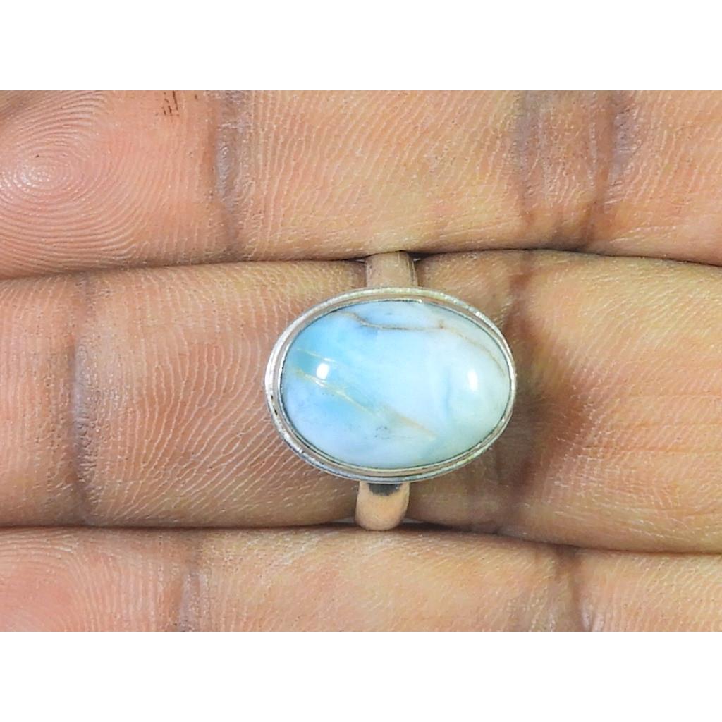 Natural Blue Larimar Solid 925 Sterling Silver Handmade Oval Ring Size US-7 MK-30
