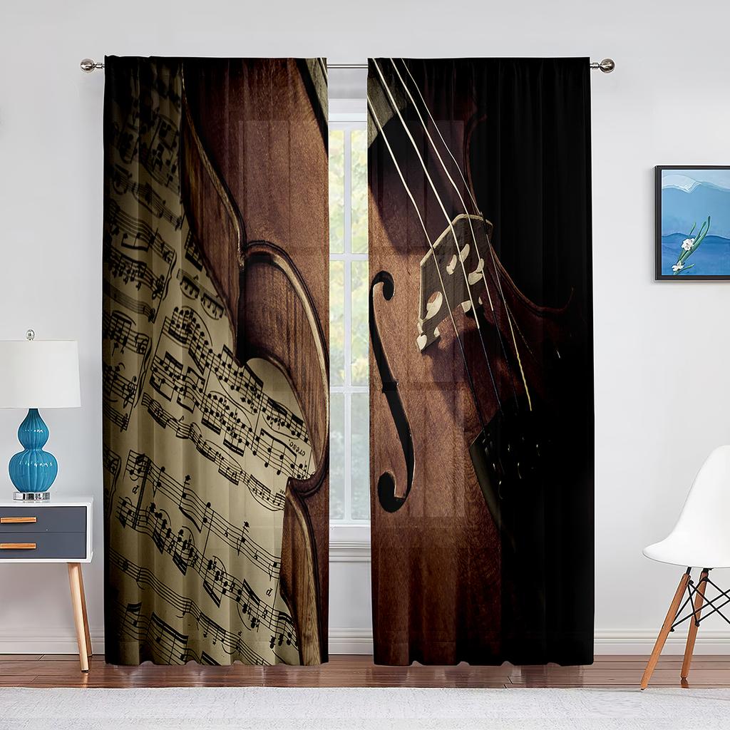 Röd Ros Blommig Kaffe Violin Skir Voile Gardin för Vardagsrum för Fönsterpersienner Sovrum Draperi Kök Hall Tyllgardiner