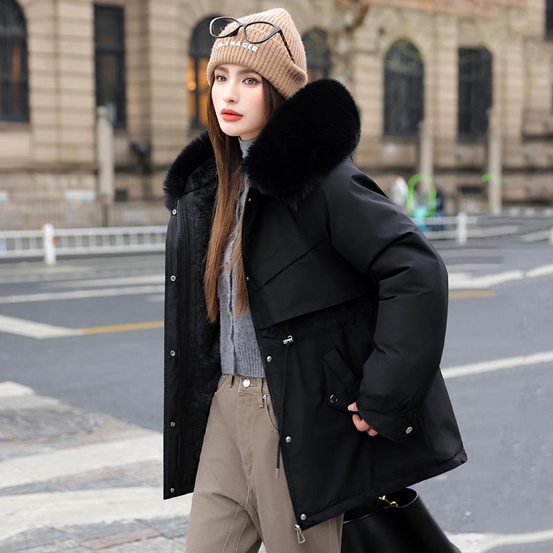 Parker Winter Damen Baumwollmantel Mittellang Großer Wollkragen Fleecegefüttert Baumwollwattiert Jacke Dicke Jacke