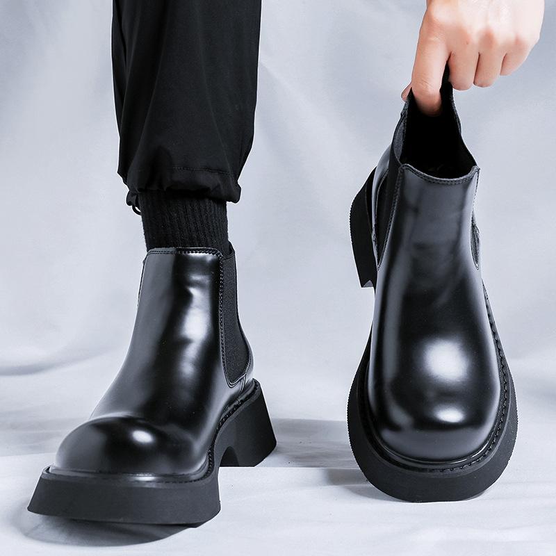 Chelsea boots 2024 men's new thick heel versatile elastic mouth short boots flat bottom round head cigarette boots 3166-Y