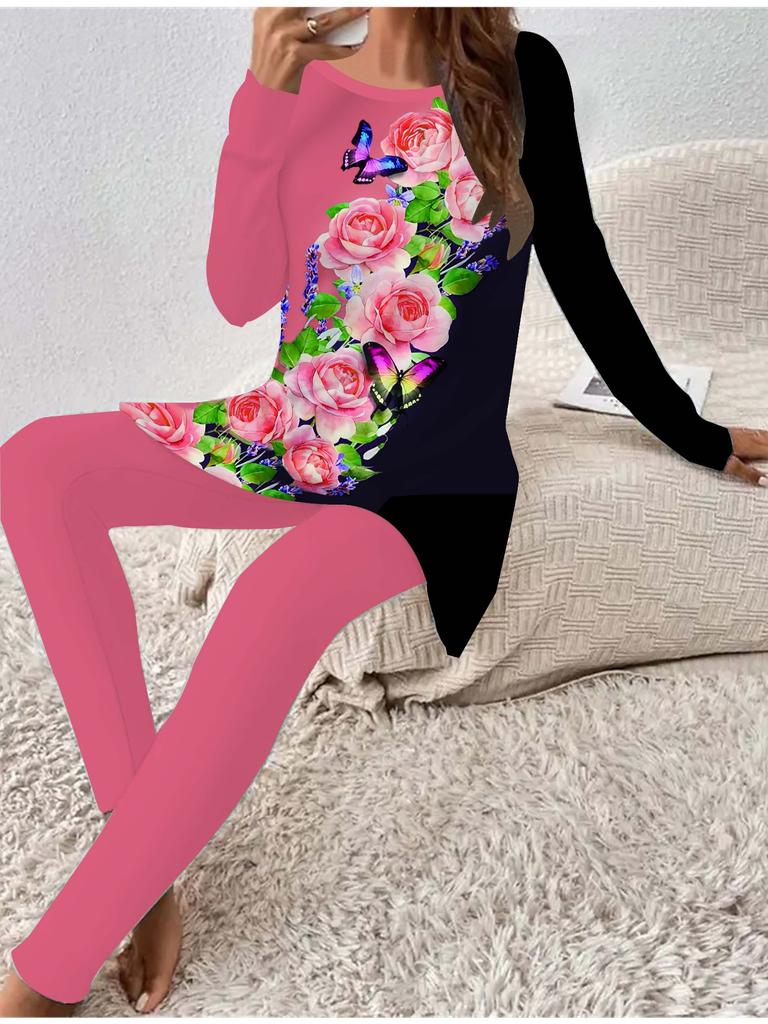 Euro-amerikanische Mode 3D Schmetterling bedrucktes Damen Vier-Jahreszeiten Langarm-T-Shirt + Lange Hose Zweiteiler. Perfektes Geschenk für Neujahr & Weihnachten