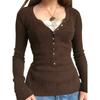 Women Button Front Knit Tops Long Sleeve Lace Patchwork Slim Fit Sweater Fall Fairy Grunge Gothic Y2K Clothes