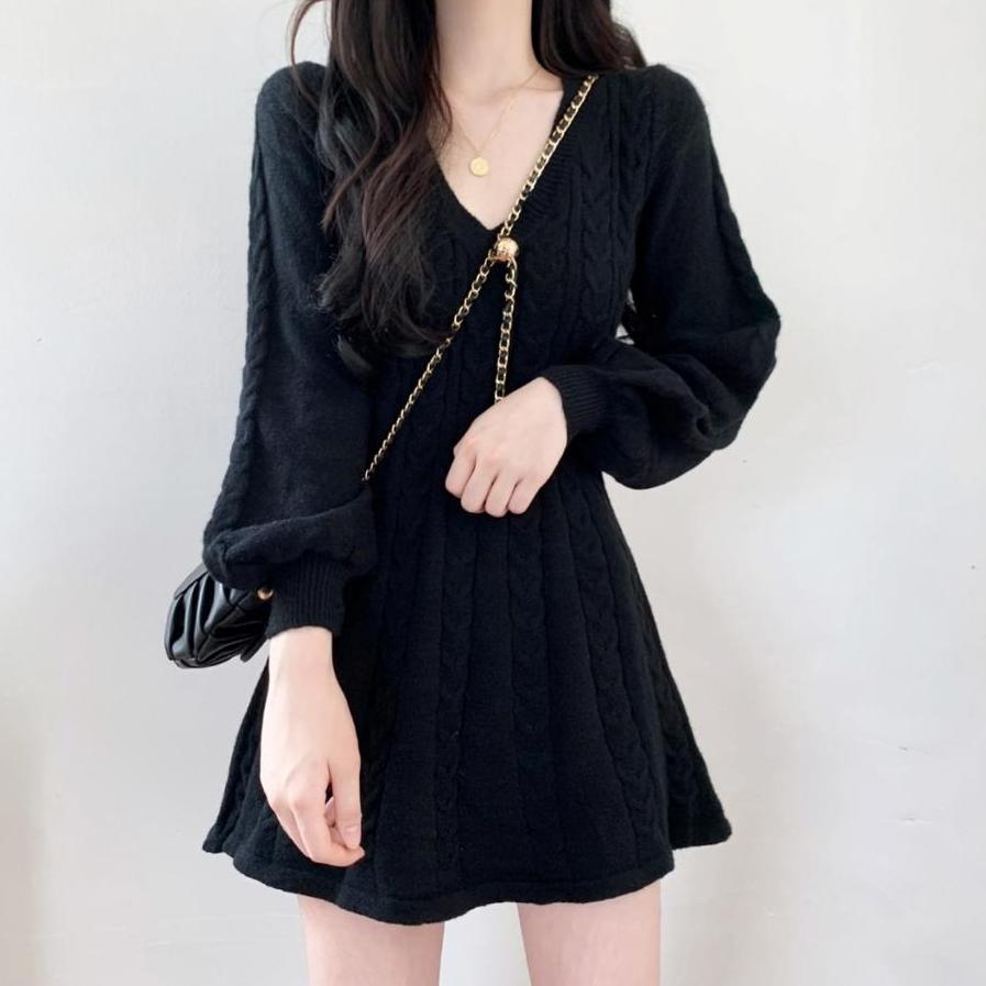 Πλεκτό Πλεκτό Πουλόβερ Μίνι Φόρεμα Γυναικεία Casual Φανάρι Κοντά Φορέματα Φθινοπωρινό Χειμώνα Γυναικεία με λαιμόκοψη
