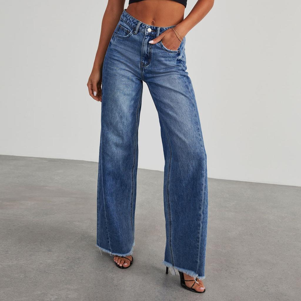 Damen Jeans High Waist Straight Wide Leg Denim Hose