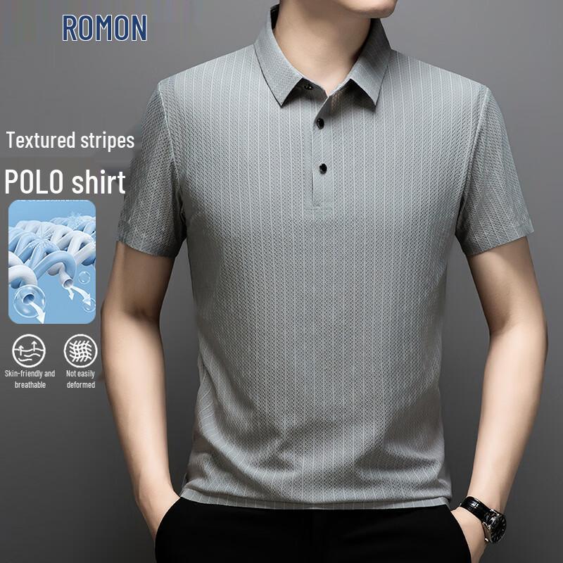 ROMON Men s Striped Business Casual Short Sleeve POLO Shirt XL