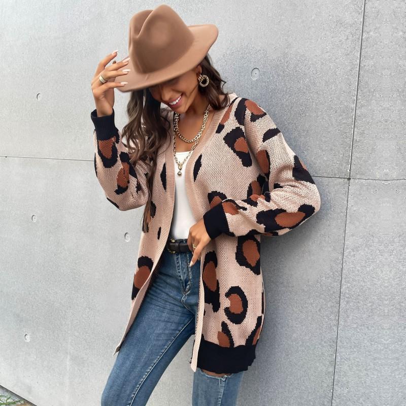 Casual Trend Versatile Autumn Women's Long Leopard Print Cardigan Knitted Sweater Jacket Women