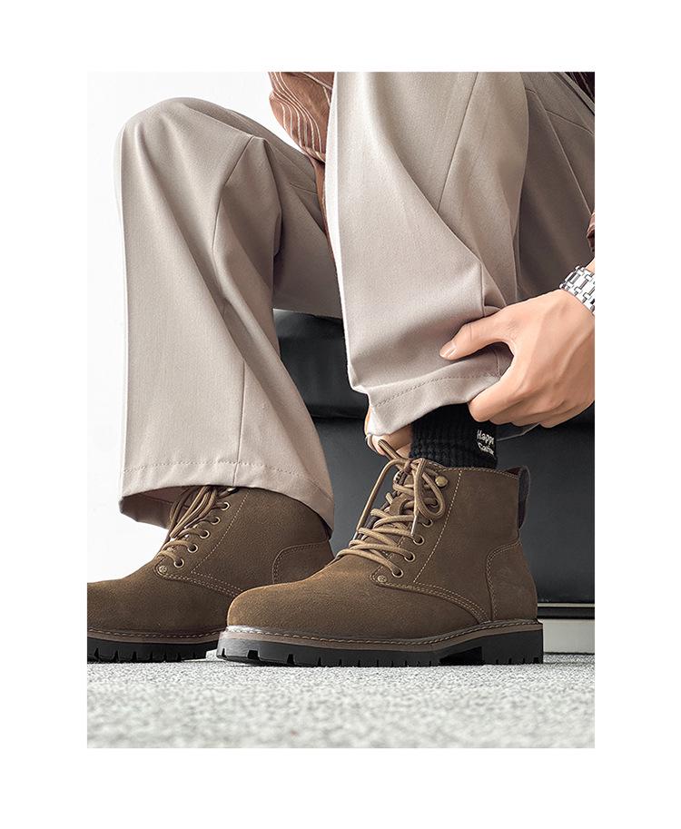 2025 Men's Autumn/Winter Yellow Martin Boots, Cow Suede, Breathable, Versatile, Round Toe, Comfortable Mid-Top Style