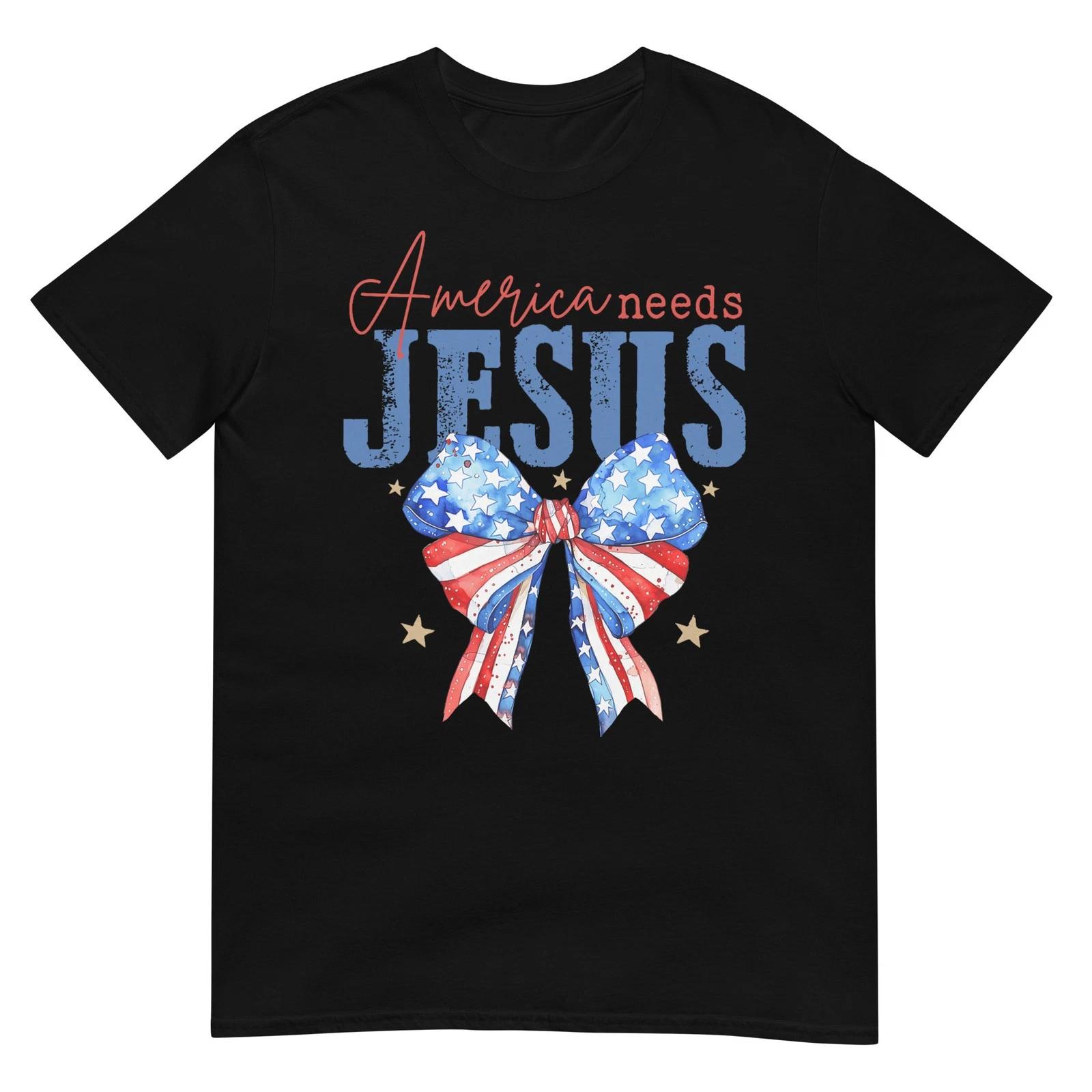 America Needs Jesus Christian USA Flag 4th of July Bow Retro T-Shirt S