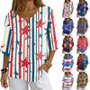 Women's Casual V Neck Button Front Pullover Top Independence Day Print Three Quarter Sleeve Loose Fit Blouse for Everyday Wear