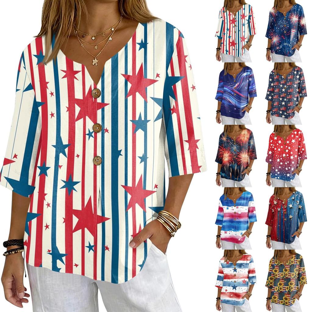 Women's Casual V-Neck Button Three-Quarter Sleeve Fourth of Print Pullover T-Shirt