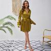 Spring and summer European and American long-sleeved Polo collar high waist lace-up fashion casual pleated women's dress women
