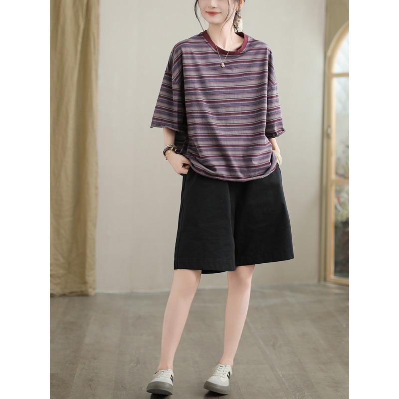 DIMANAF 2025 Summer T-shirt Women Spliced Stripe Printing Short Sleeve Loose Black