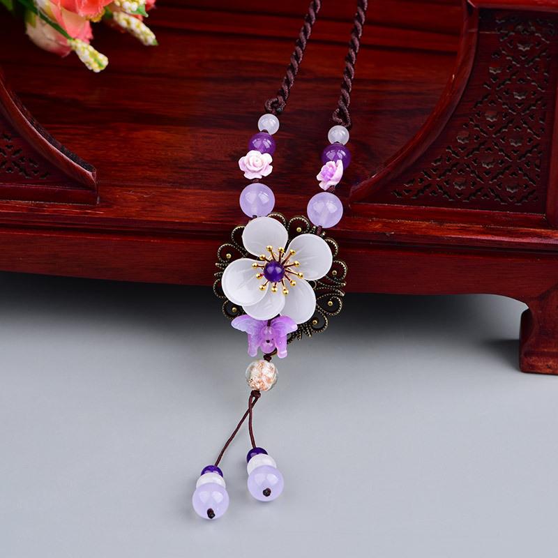 GEMCHIC Women's Ethnic Style Long Sweater Necklace with White Jade Flower Pendant, Retro Glass Beads Tassel Chain for Autumn Winter Fashion