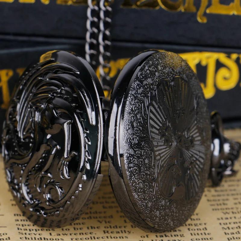10pcs/lot Wholesale Black Vintage Quartz Pocket Watch Dragon Engraved Flip Roman Dial Students Gift Men Women Necklace Clock