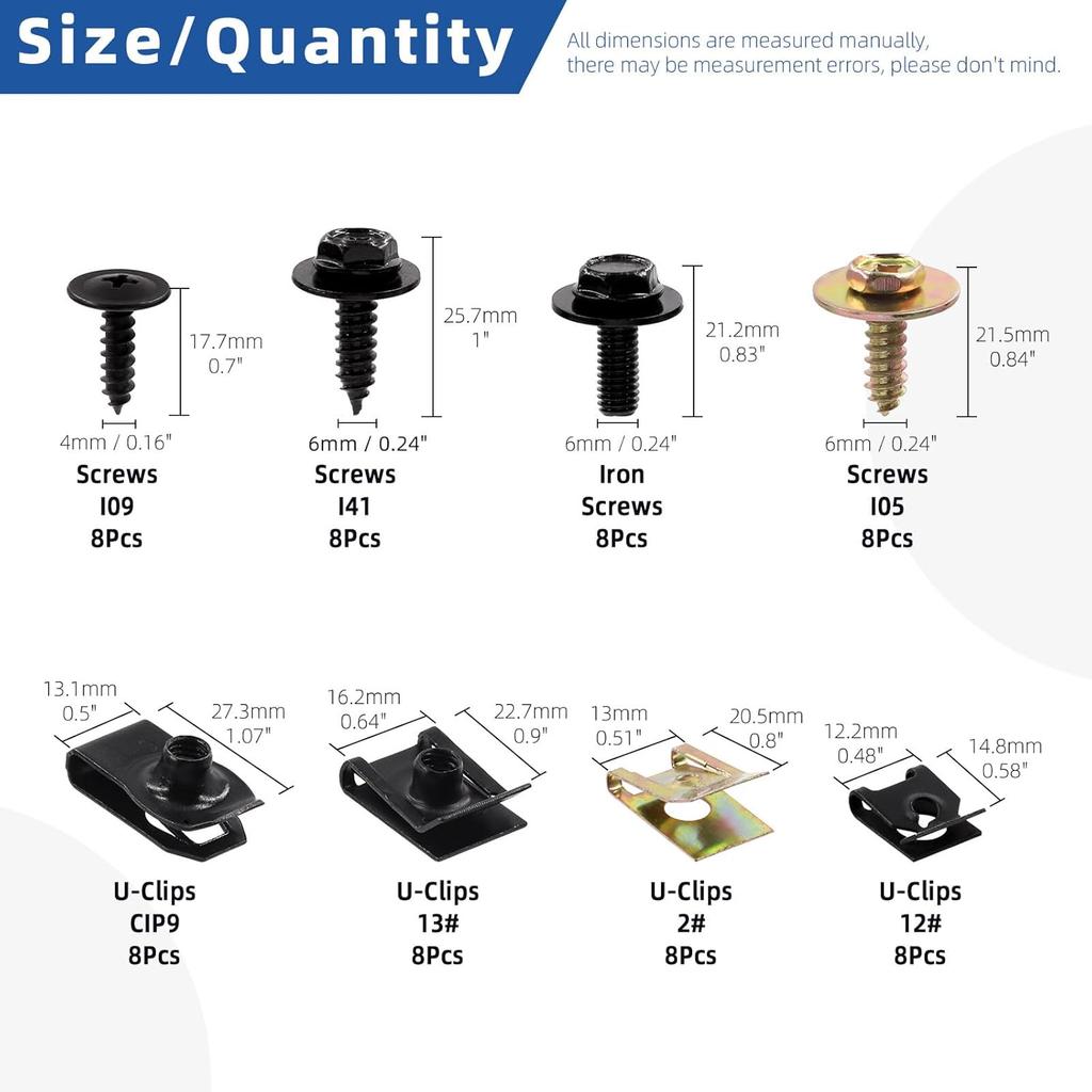Glarks 64Pcs U-Clips And Body Bolts Screws Assortment Kit 8 Sizes Auto Car Clips Fasteners With Screws Auto Car U Nuts With Self Tapping Screw Body