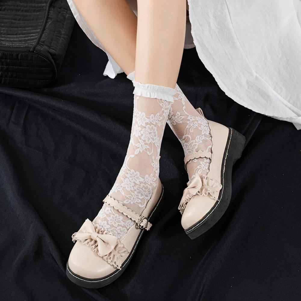 Ruffle Lolita JK Mid-Calf Socks Net Socks Mid-Calf and Long Flower Leg Warmers Transparent Academy Style Lace Silk Hosiery Gift