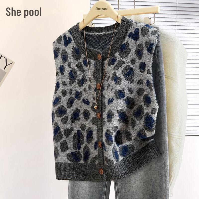 Women s Leopard Print Round Neck Knit Vest One Size