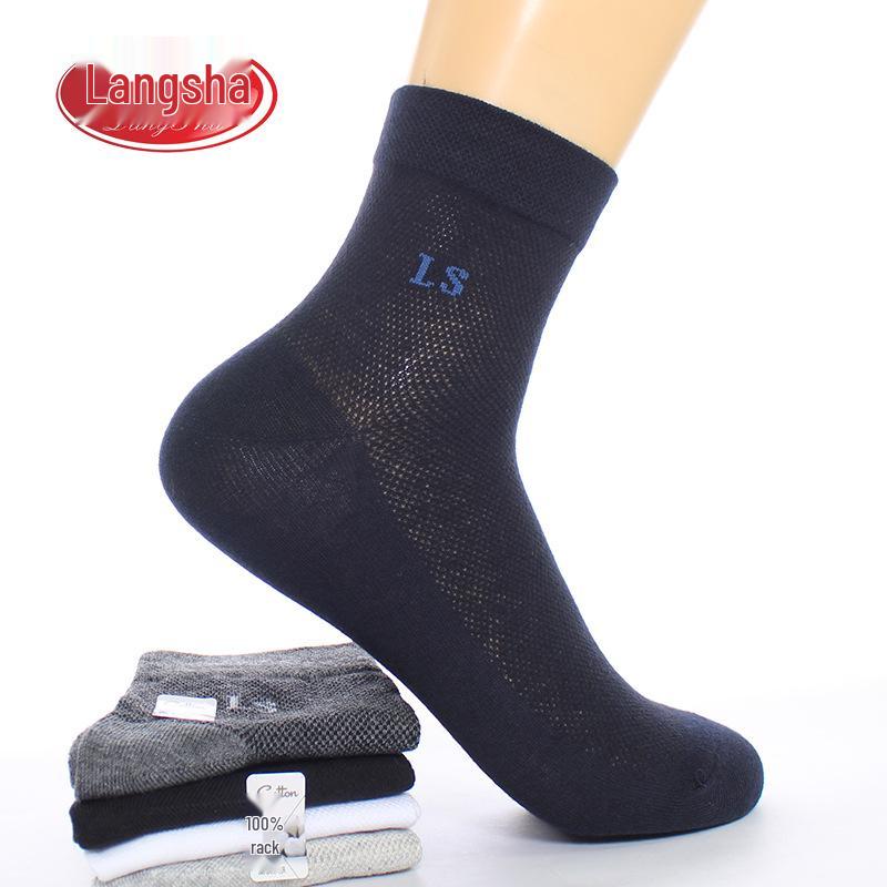 Langsha Men's Summer Thin Cotton Mesh Breathable Mid-Calf Socks, Black & White.