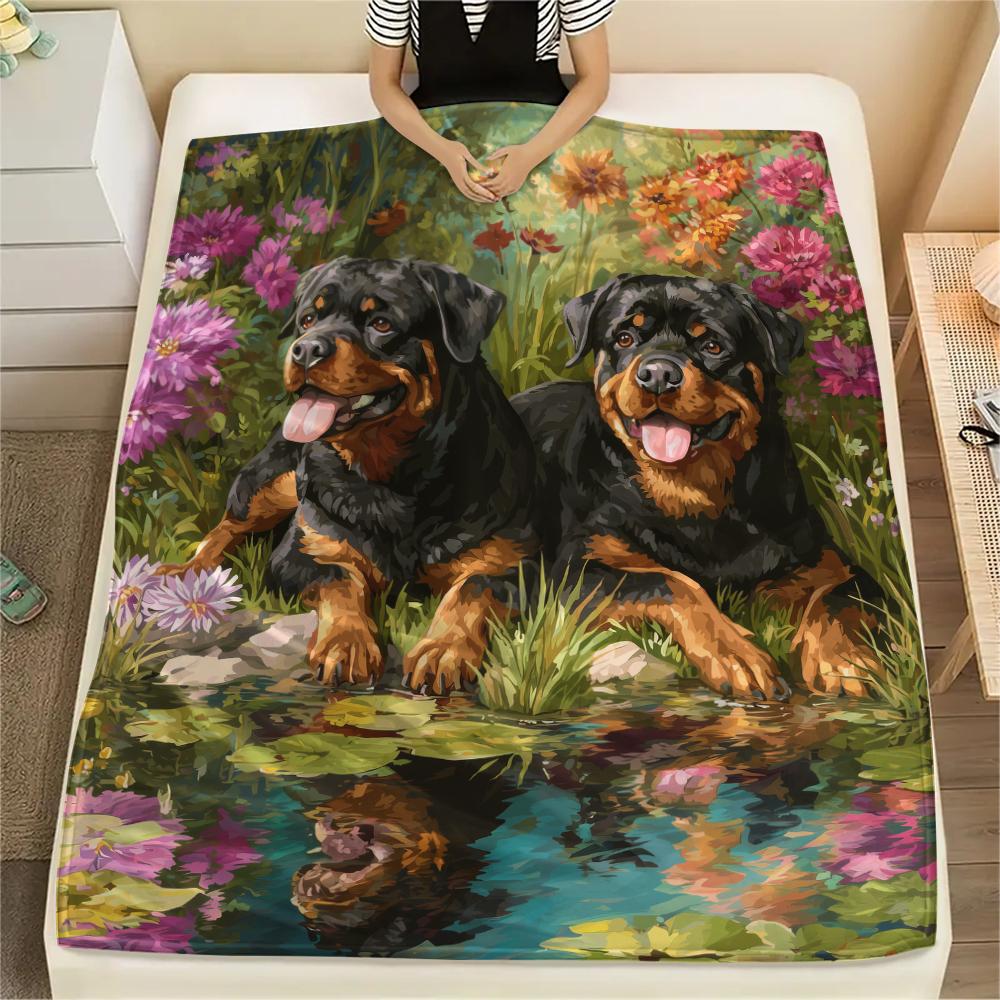 Rottweiler and Garden,pattern Flannel Blanket, High quality Comfortable for All Seasons, Home Decor, Warmth and Comfort, Perfect for Gifts.