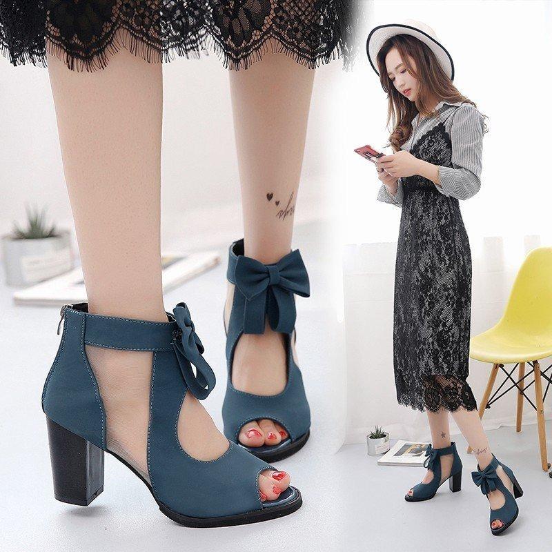 Fish Mouth Sandals 2025 Summer New Thick Heel Bow Sandals Roman Mesh Hollow High Heel Women's Shoes