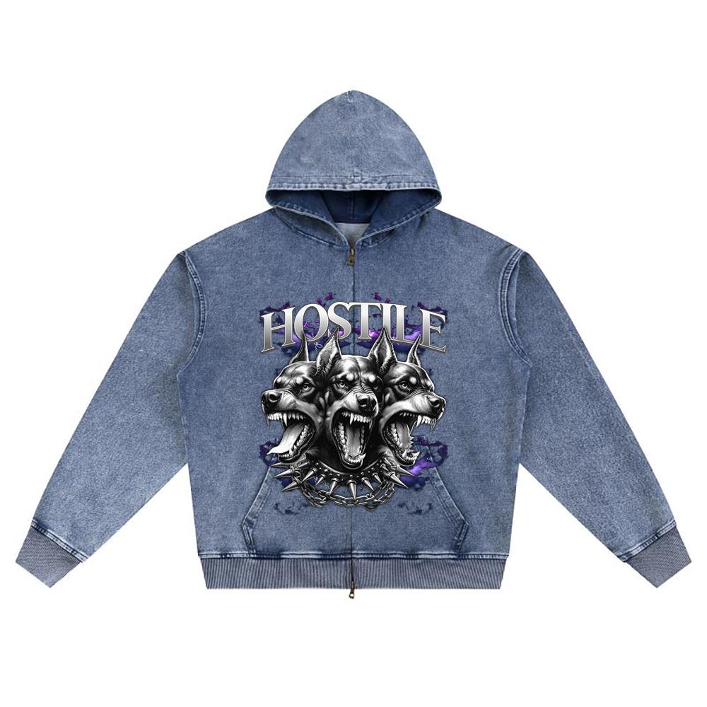 DTG Print Knitted Denim Zip-Up Hoodie Dog Graphic Brother Print Zipper Hoodies  